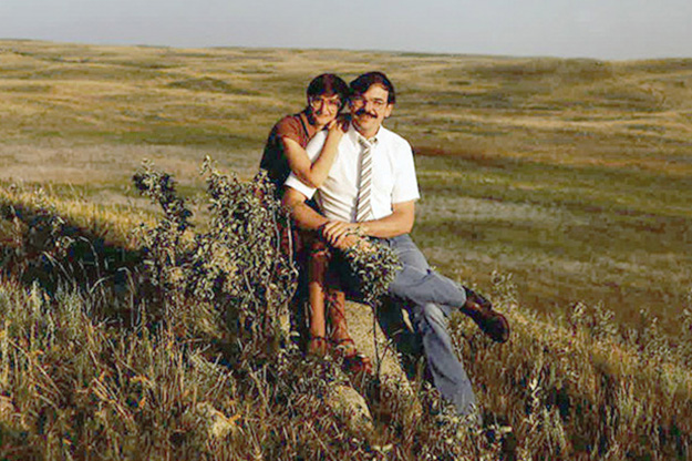 Bieri and Jacobs pose for a photo in the mid 1980s on land they owned in rural Mountrail County in western North Dakota. The couple gifted the land to UND, generating $1 million in new support for the College of Arts & Sciences. Image courtesy of Suezette Bieri and Mike Jacobs.