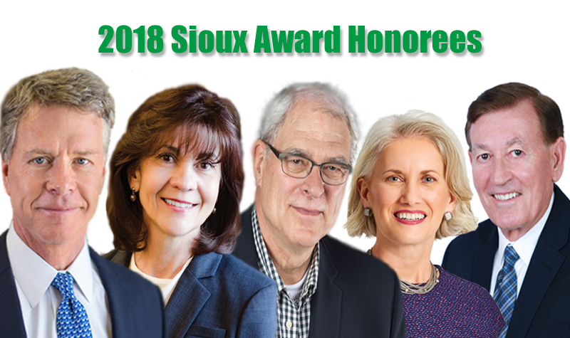 UND's 2018 Sioux Award honorees (from left to right) Lauris Molbert, Mary (Muehlen) Maring, Phil Jackson, Jeanne Crain and Michael Lodoen. Images compiled by Dima Williams/UND Today.