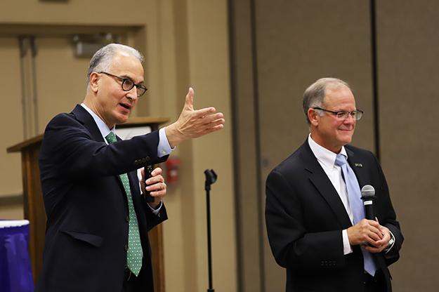 Making stops across western North Dakota, the presidents of UND and NDSU posited a boost in research funding as a means to diversify the North Dakotan economy. Photo by Connor Murphy/UND Today.
