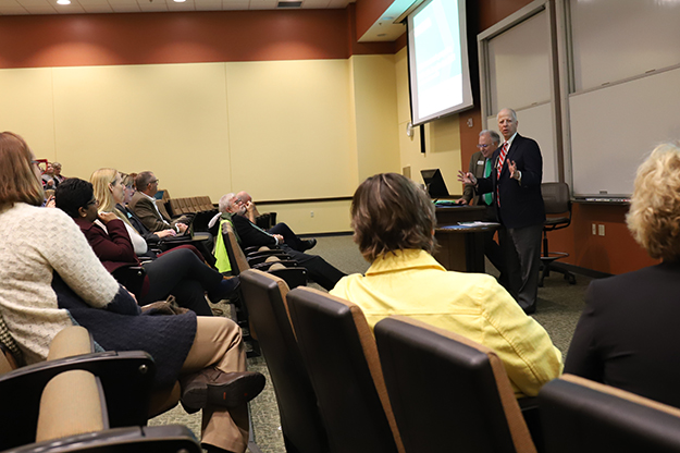 During his presentation, Shivers cited the efficiencies of UND. Receiving 22 percent of state higher education appropriations, the University brings in 53 percent of research revenues and 43 percent of all tuition in North Dakota. Photo by Connor Murphy/UND Today.
