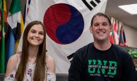 Luana Liang (left) and Kyle Finseth are two of 11 UND students attending summer classes at Korea Aerospace University for three weeks, in July. They'll be earning credits toward courses needed for graduation without missing crucial flight training. Photo by Connor Murphy/UND Today.
