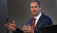 NASA Administrator Jim Bridenstine visited the UND John D. Odegard School of Aerospace Sciences on Wednesday to learn about research being conducted there for the agency and to discuss future collaborations. Photo by Patrick C. Miller/UND Today.