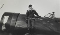 Capt. Carl "Cully" Ekstrom with his P-47 Thunderbolt at the air base where he was stationed in England. Archive photo.