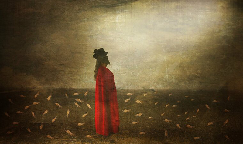 Painting of person in red cloak wearing plague doctor mask