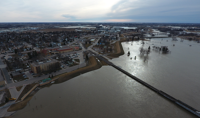 Aerial view of Sorlie Bridge in Grand Forks