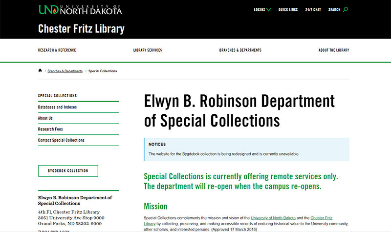 Screenshot of Elwyn B. Robinson Department of Special Collections webpage