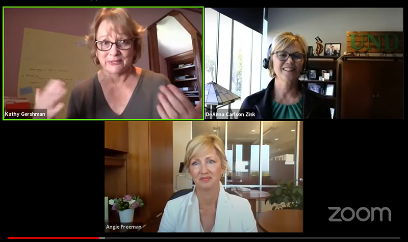 Zoom screenshot of Kathy Gershman, DeAnna Carlson Zink and Angie Freeman during Women for Philanthropy event