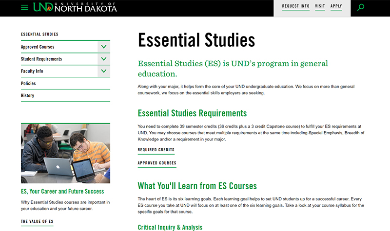Screenshot of essential studies website