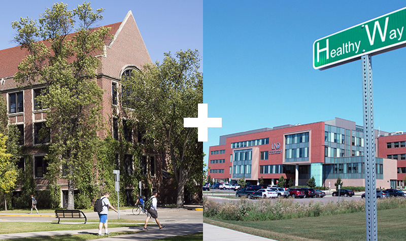 Split image of school of law and school of medicine and health sciences