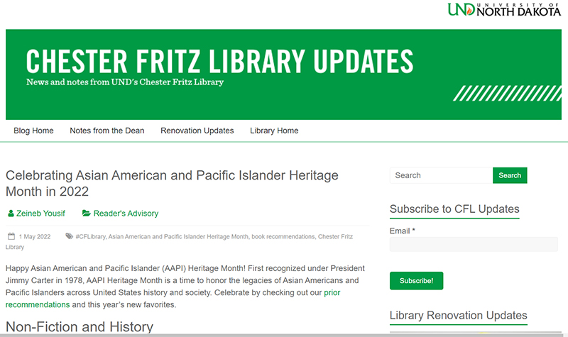 Screenshot of chester fritz library updates blog