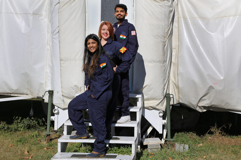 Students enter inflatable habitat