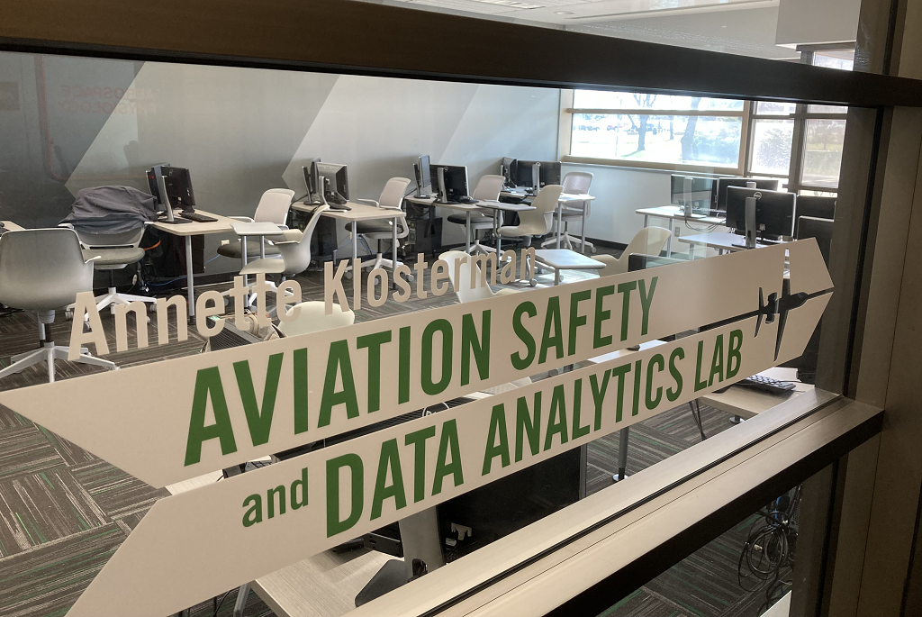 Window with words "Annette Klosterman Aviation Safety and Data Analytics Lab"