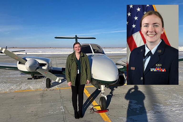 Split image showing Josephine Ebertowski in uniform as well as standing next to UND aircraft