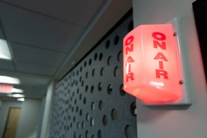 Close-up of "on air" sign