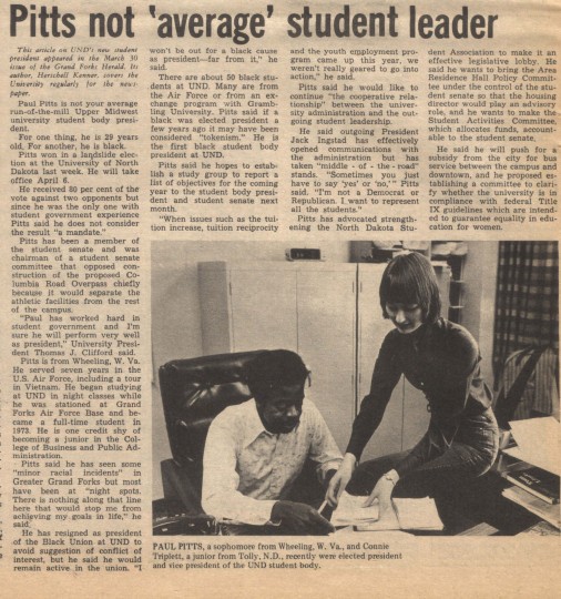 Newspaper clipping, Paul Pitts student body president article