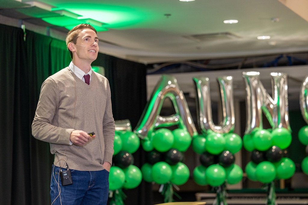 UND Assistant Professor Carson Running preents at the LAUNCH event.