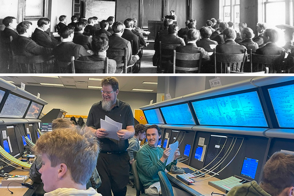 Composite image, with top half showing students in an old-fashioned classroom and bottom image UND students in modern computer lab.