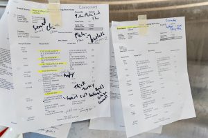 Close-up of posted work orders. Every dot, checkmark, highlight and notation speaks a universal language in the kitchen. 