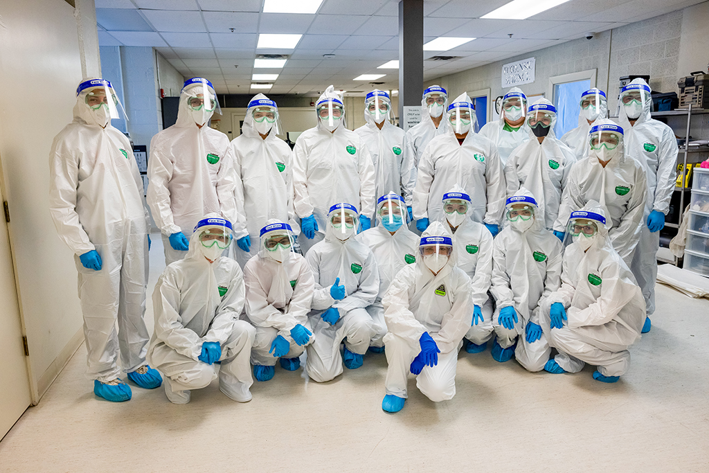 UND Forensic Science students dressed in full hazmat suits.