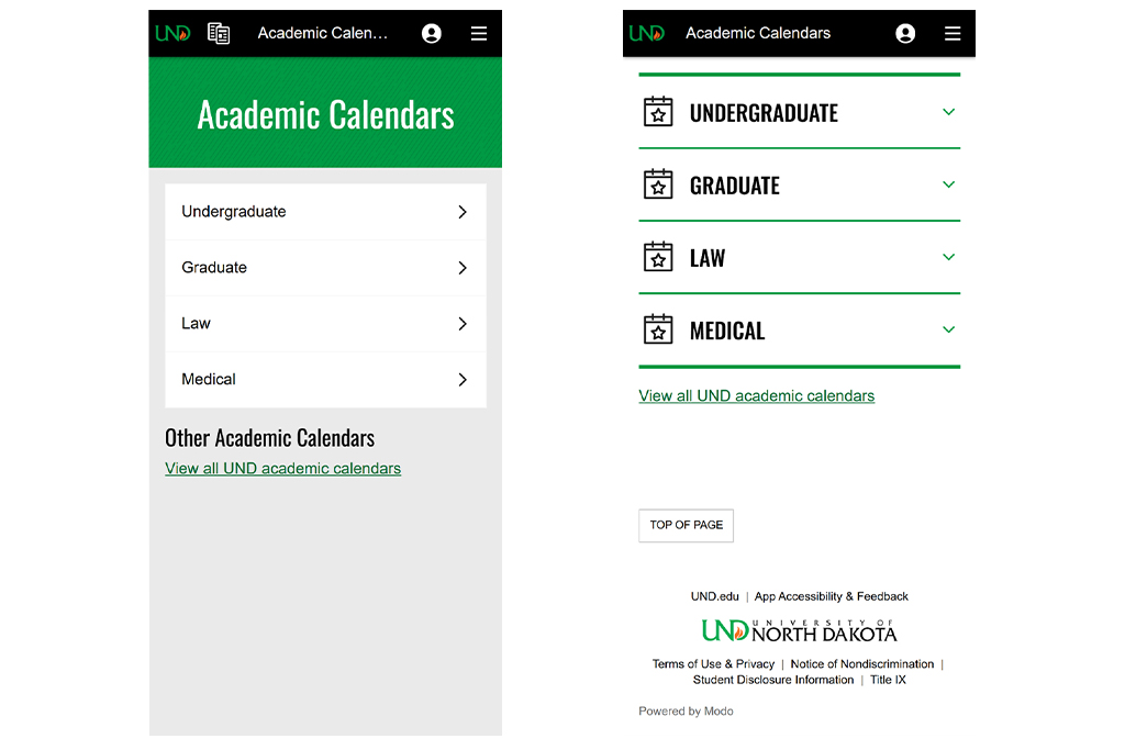 Side by side example pages of My UND app, with old on the left and new on the right