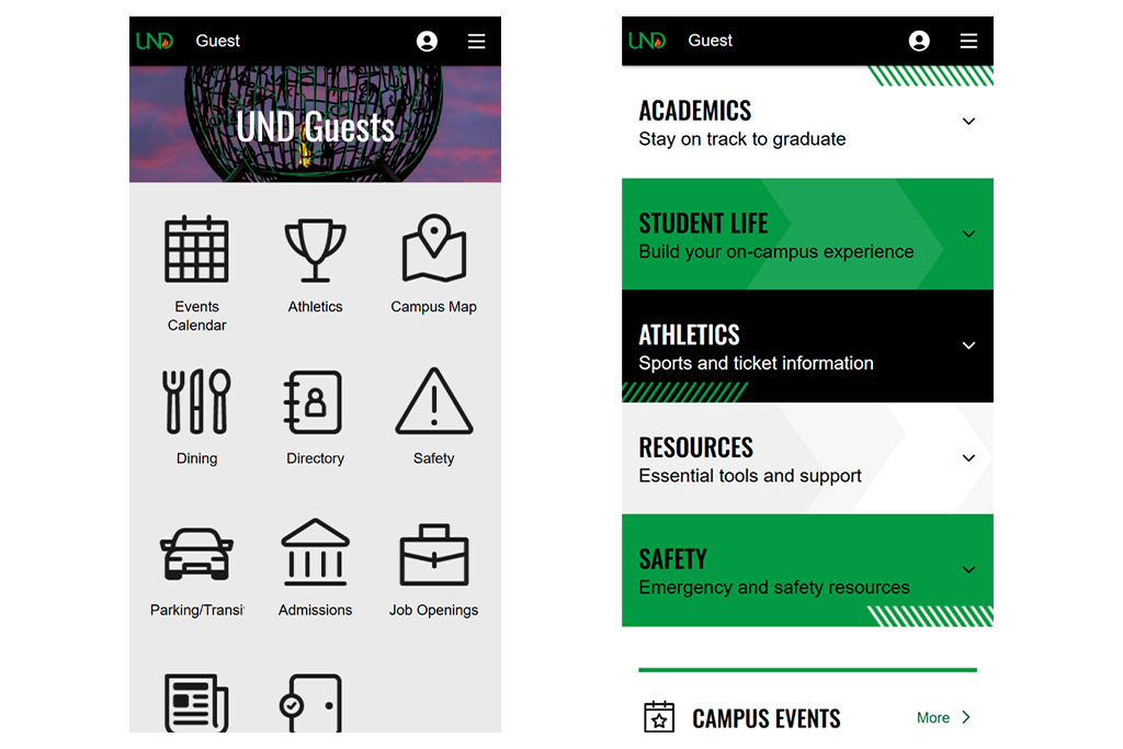 Side by side example pages of My UND app, with old on the left and new on the right