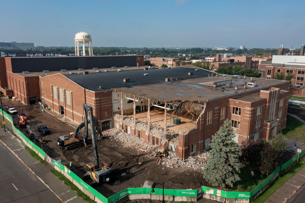 Old Hyslop Sports Center starting to come down in August 2025.