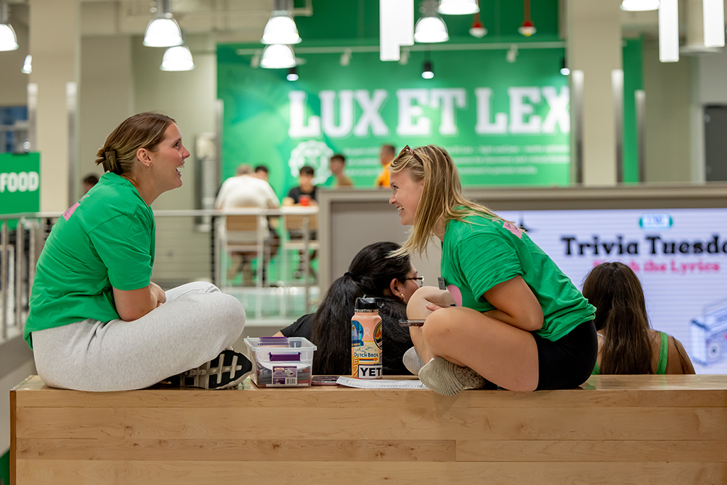 Students play trivia on the Social Stairs