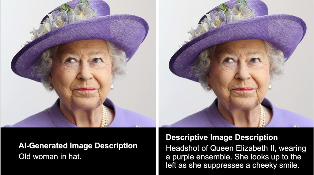 Side by side photos of Queen Elizabeth II with image descriptions beneath each