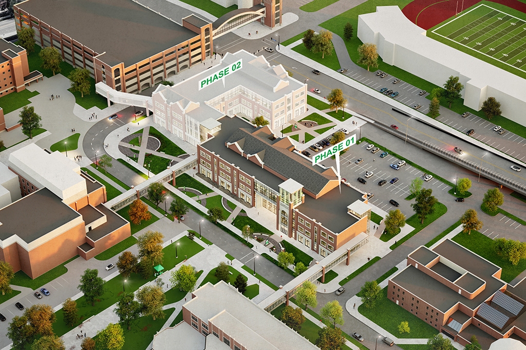Rendering of aerial view of future STEM Complex highlighting two phases of the project