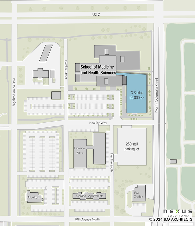Map of campus near School of Medicine & Health Sciences showing future potential location of Health Professions Collaborative Facility