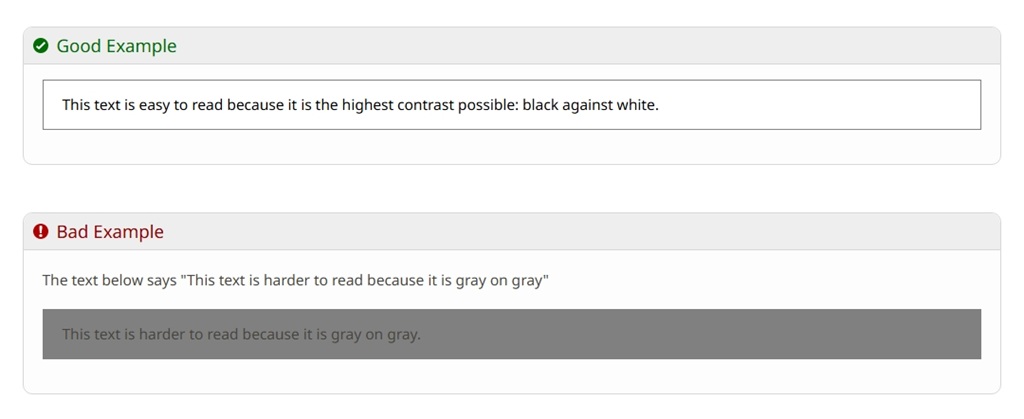 Two panels showing text, one with stark color contrast for the text and one with low contrast