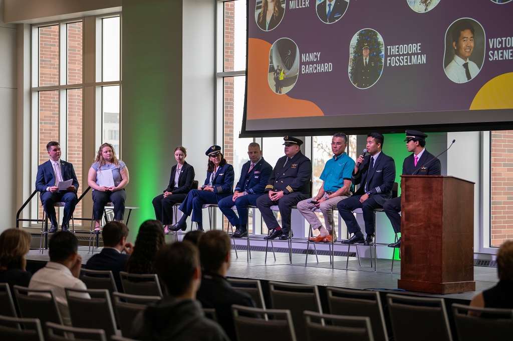 Panelists on stage at the All Angles of the Industry session of the Faces of the Industry conefrence at UND.
