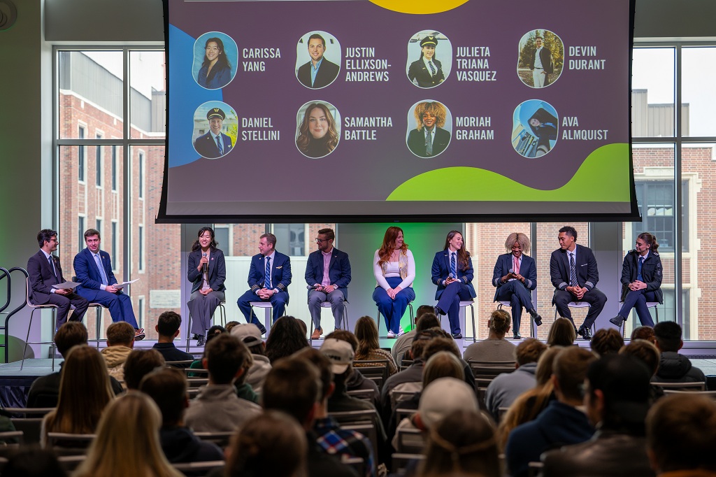  Beyond the Degree Panel appears on stage at UND Aerospace's Faces of the Industry Summit.