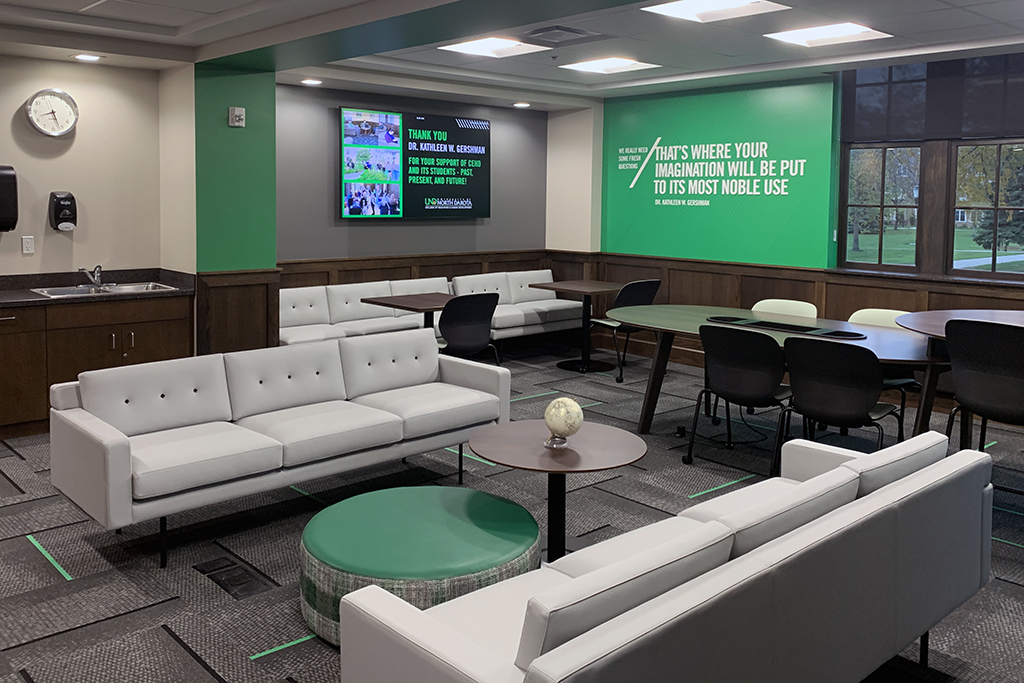 The words of Kathleen Gershman displayed prominently on the wall inside the new student lounge space that bears her name stand as inspiration for students exploring questions big and small.