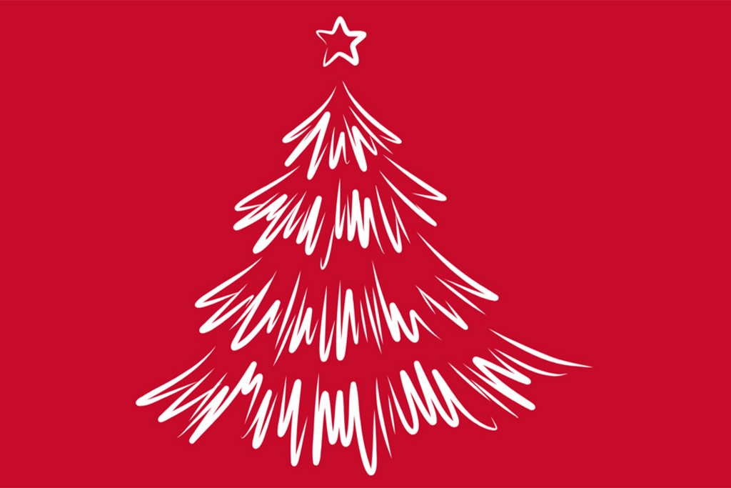 White sketch of christmas tree on red background