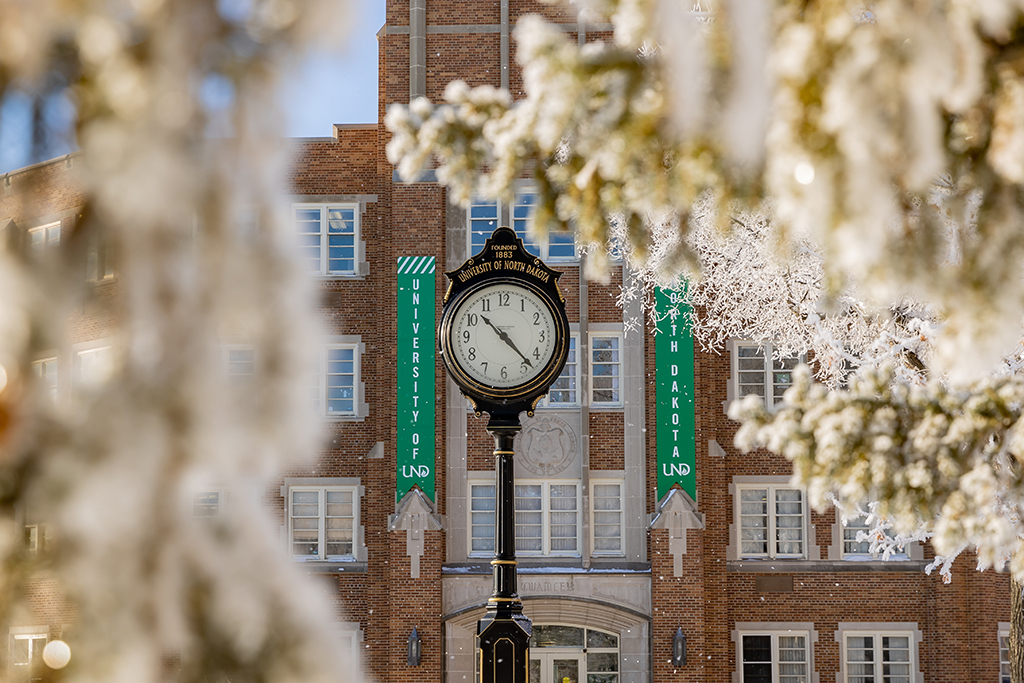 Tall clock in front of Twamley Hall with frosted plants in foreground
