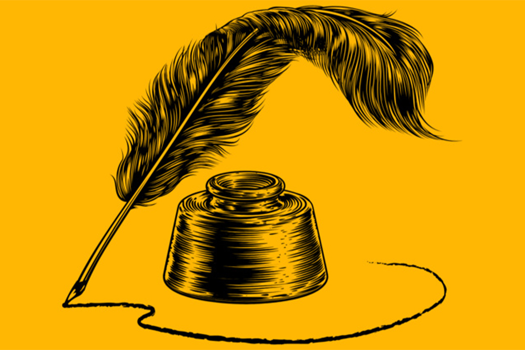 Yellow background with illustration of quill and ink well