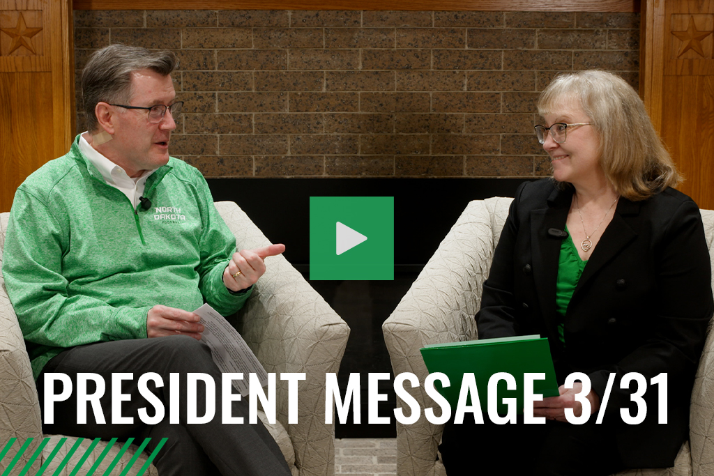 Andrew Armacost seated with Dawn Denny, in conversation. Text: President Message 3/31