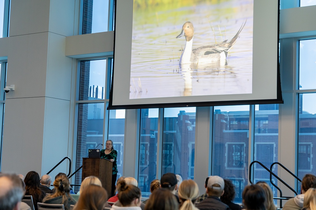 Woman stands at podium beneath screen showing federal duck stamp art