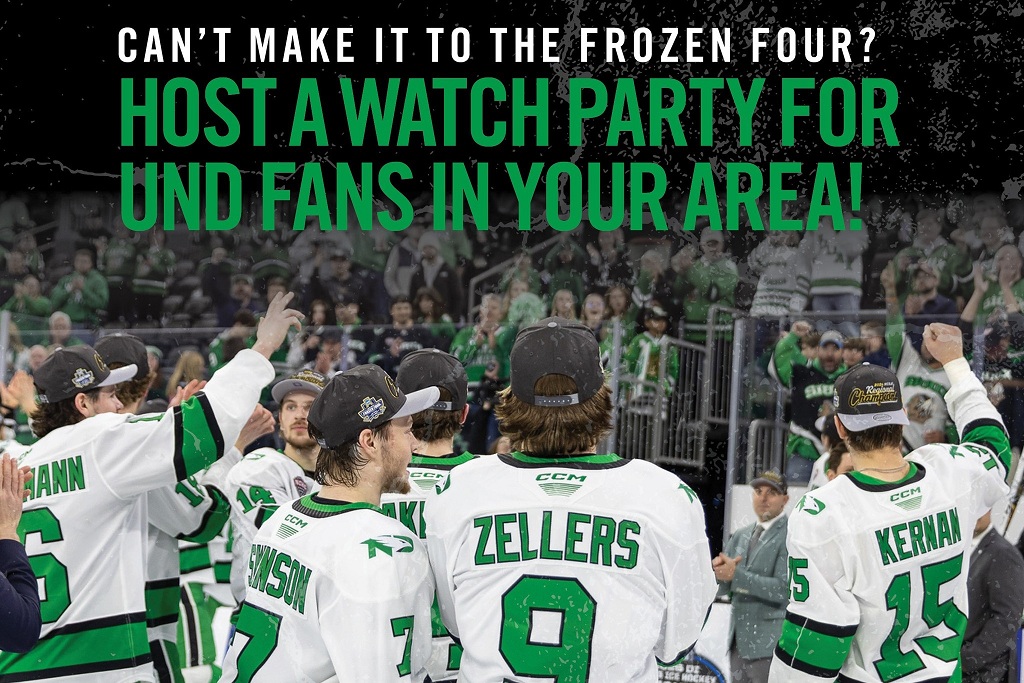 Graphic, with hockey players in background, inviting people to set up UND watch parties,