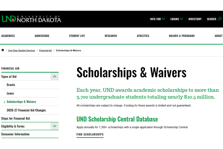 UND scholarship web page