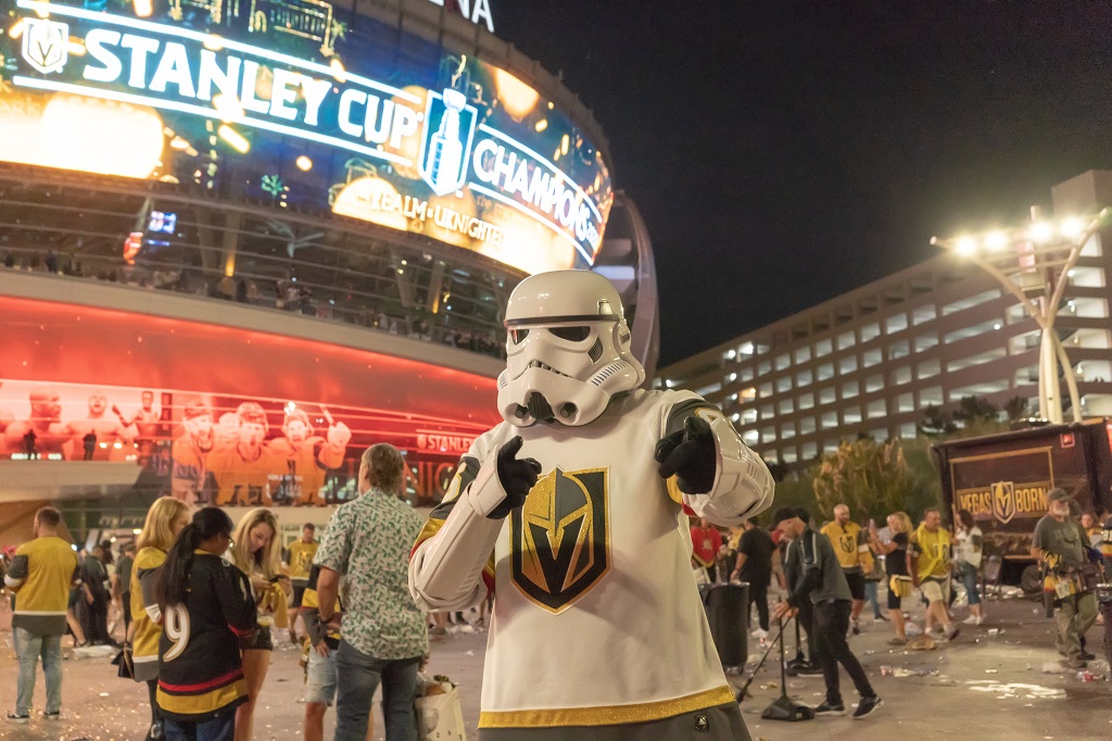 Nighttime celebration outside T-Mobile Arena in Las Vegas