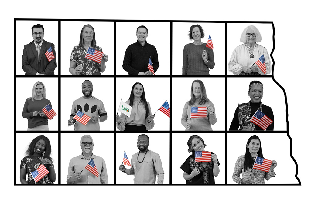 new americans promotional image showing individuals featured in exhibit holdng american flags