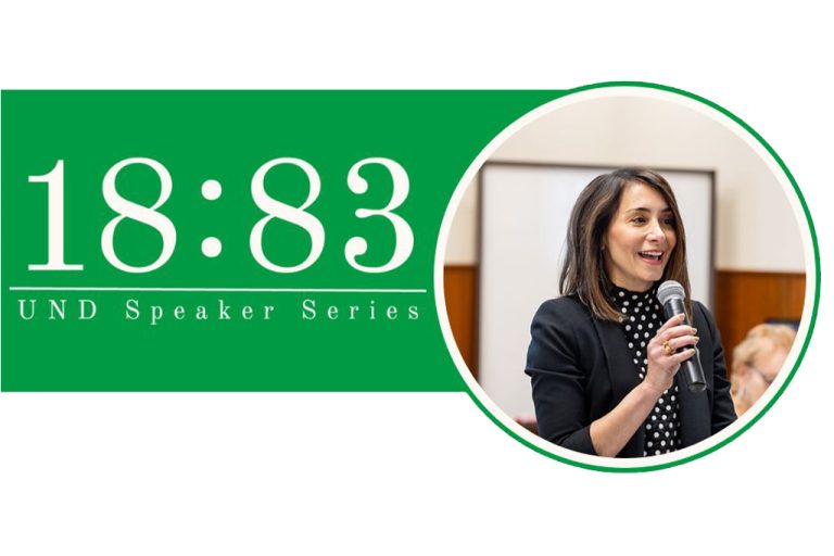 Inserted image of Laura Link speaking with microphone next to text: 18:83 Speaker Series