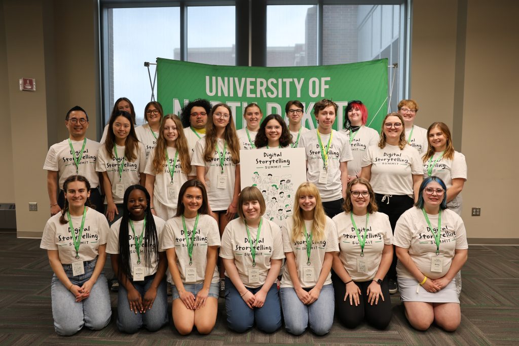 Participants and organizers pose for a group photo during the Digital Storytelling Summit at the University of North Dakota.