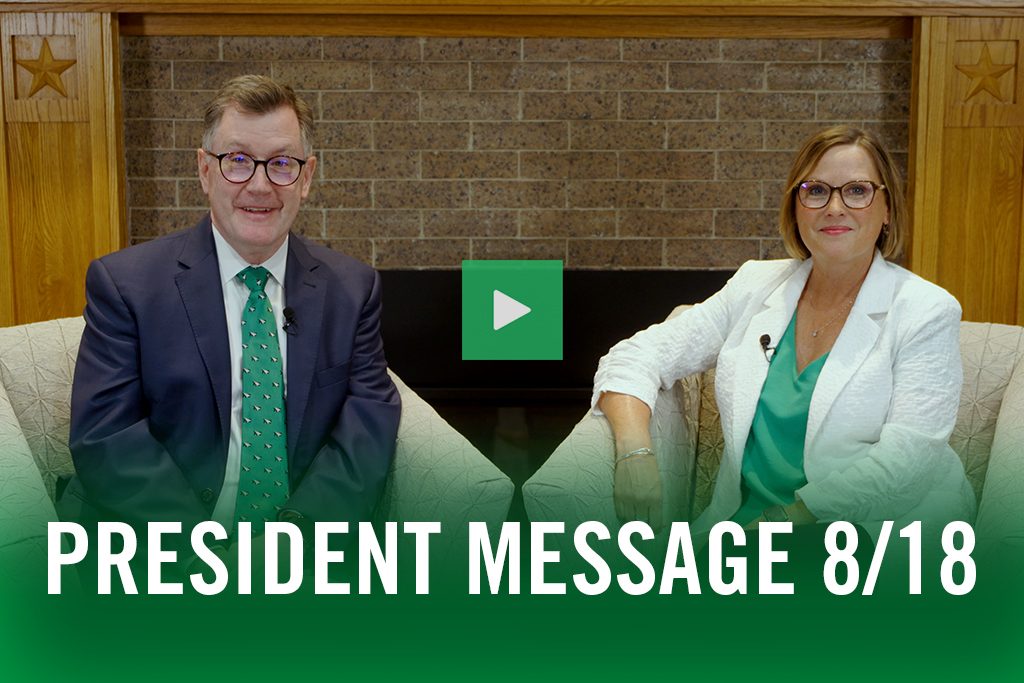 Andy Armacost and Meloney Linder Mecklenburg sitting together, looking to camera, with text: President Message 8/18