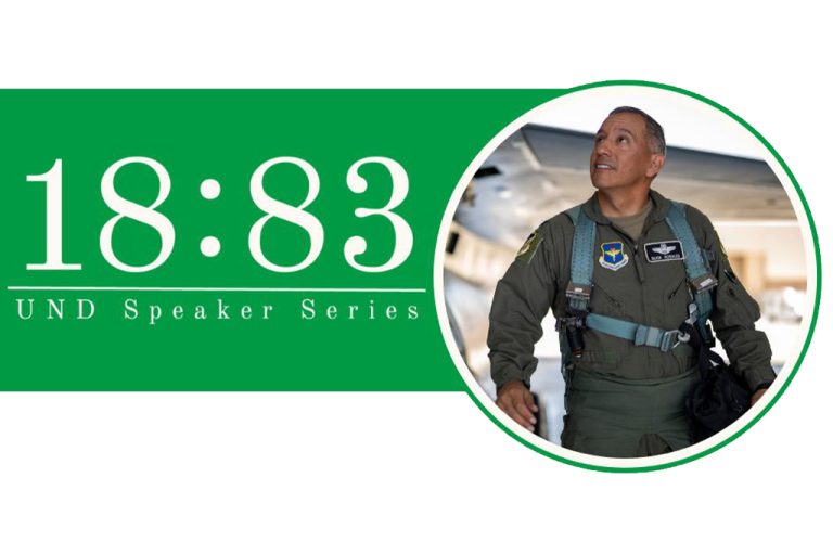Image of Alfred Rosales wearing flight suit next to text: 1883 Speaker Series