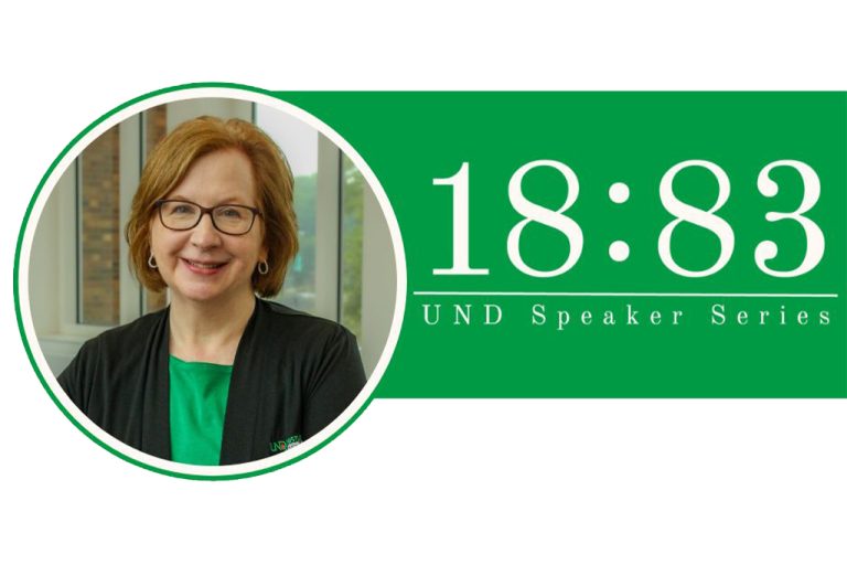 Headshot of Kathy Lund next to text: 1883 UND Speaker Series
