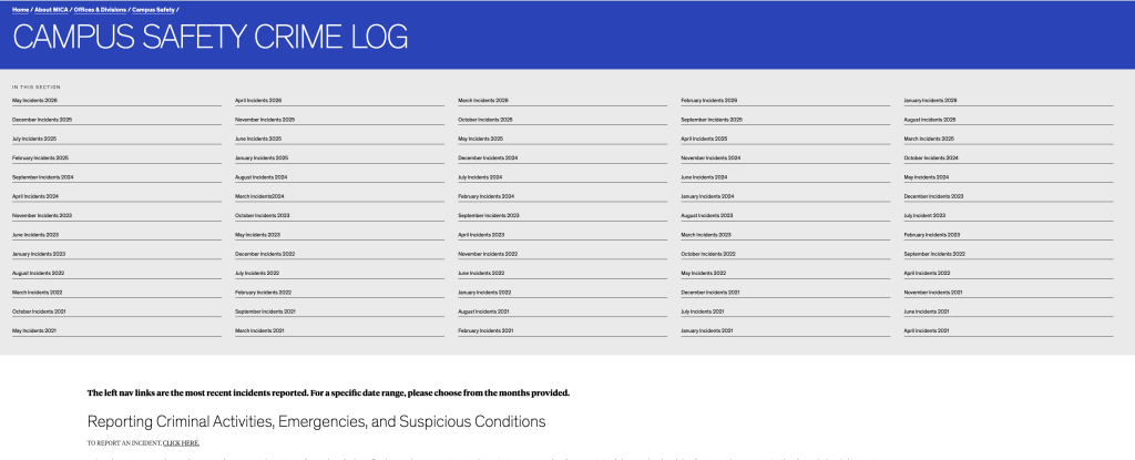 Screen shot of a very long navigation file on MICA's website in desktop view
