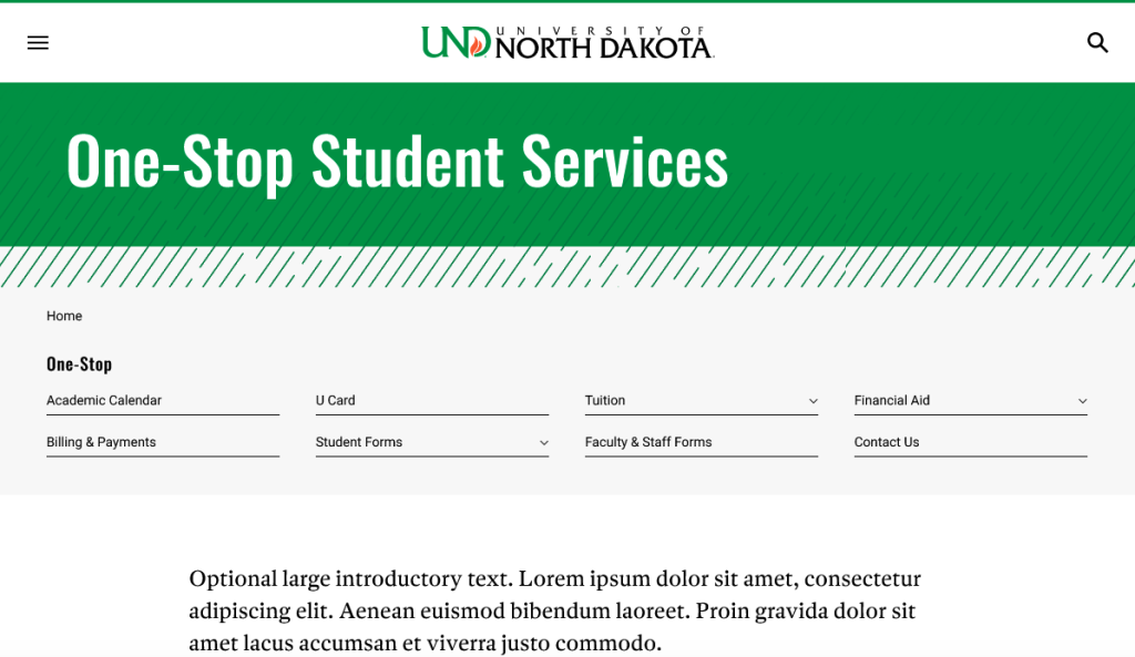 Design of new universal template with with no billboard image and horizontal navigation on desktop with eight main items